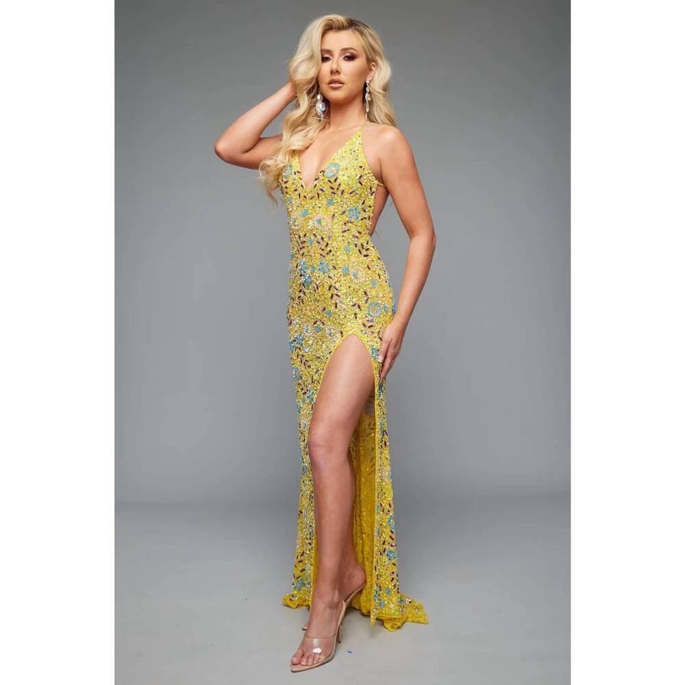 NEW JASZ COUTURE v-neck floral beaded gown in yellow